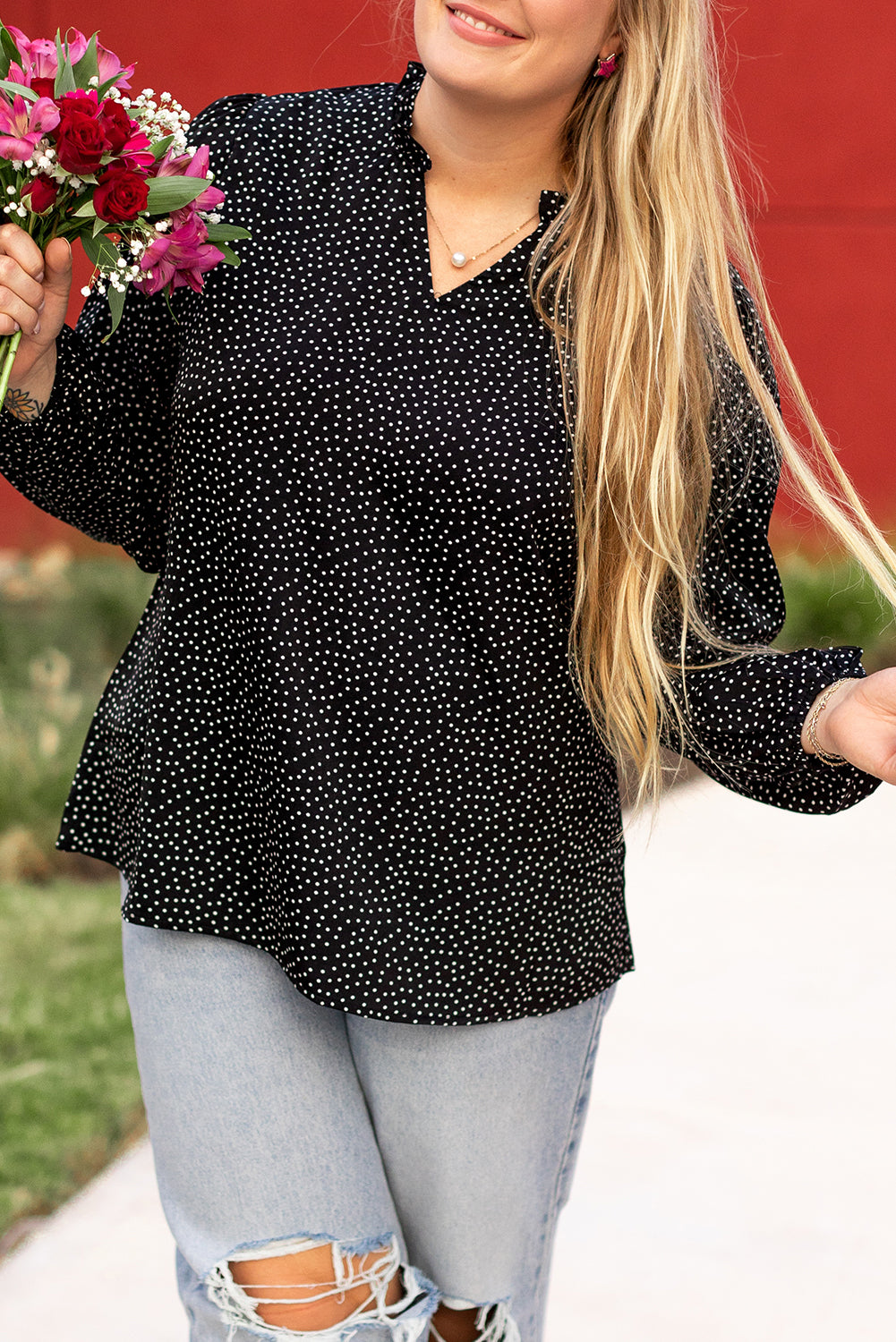 Pin Dot Notch V-Neck Puff Sleeve Blouse | Plus Size | Black & White | 1X–4X