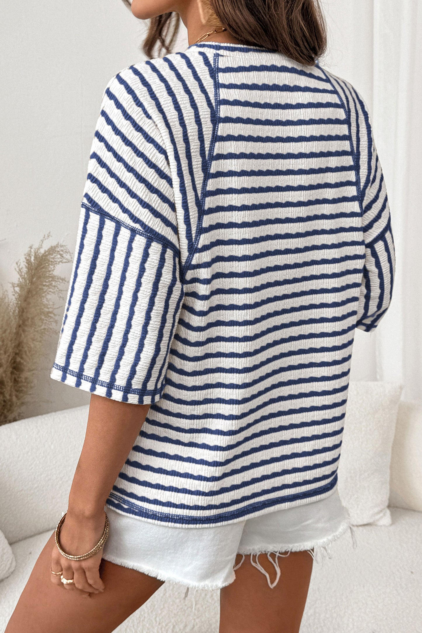 Textured Knit Split Hem Half Sleeve Loose Top | S–2XL | Blue Stripe & Brown Stripe