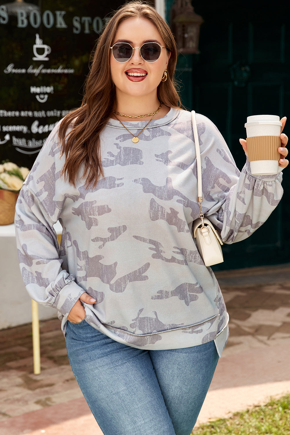 Two-Tone Grey Camo Print Round Neck Sweatshirt | Plus Size | 1X–4X