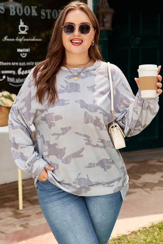 Two-Tone Grey Camo Print Round Neck Sweatshirt | Plus Size | 1X–4X