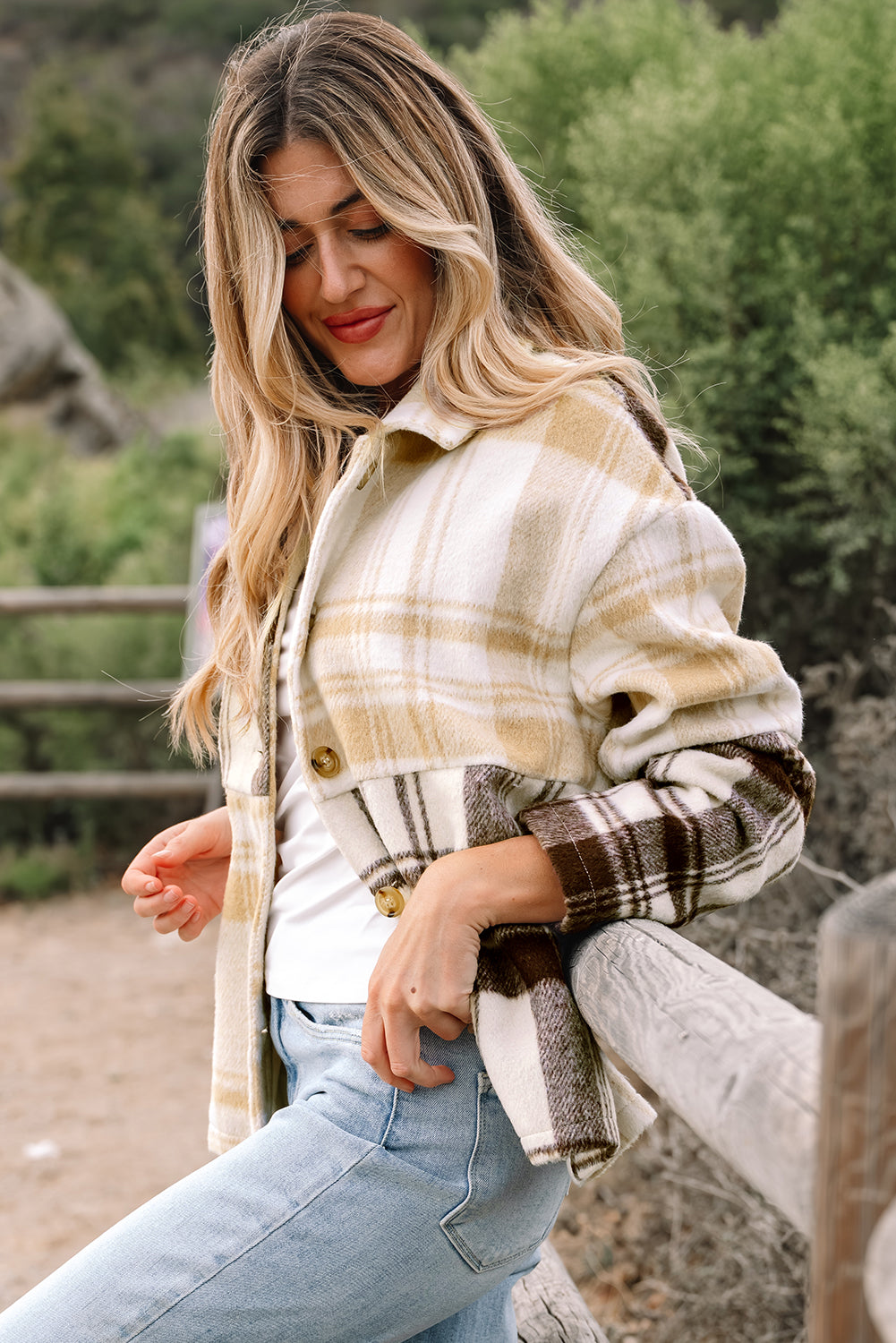 Multicolour Plaid Patchwork Buttoned Shacket with Side Pockets