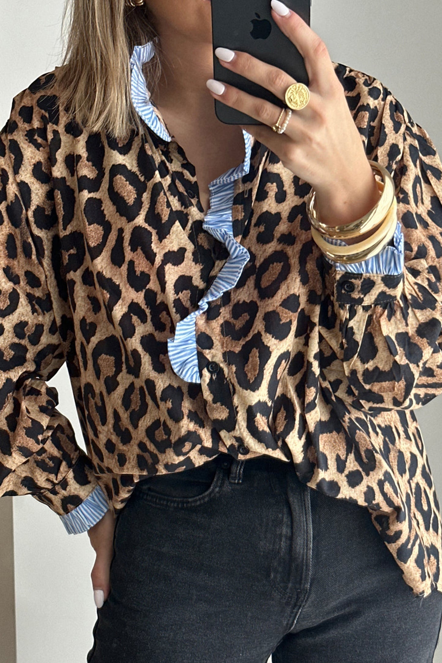 Leopard Print Striped Frilled Trim Shirt | Brown | S–XL