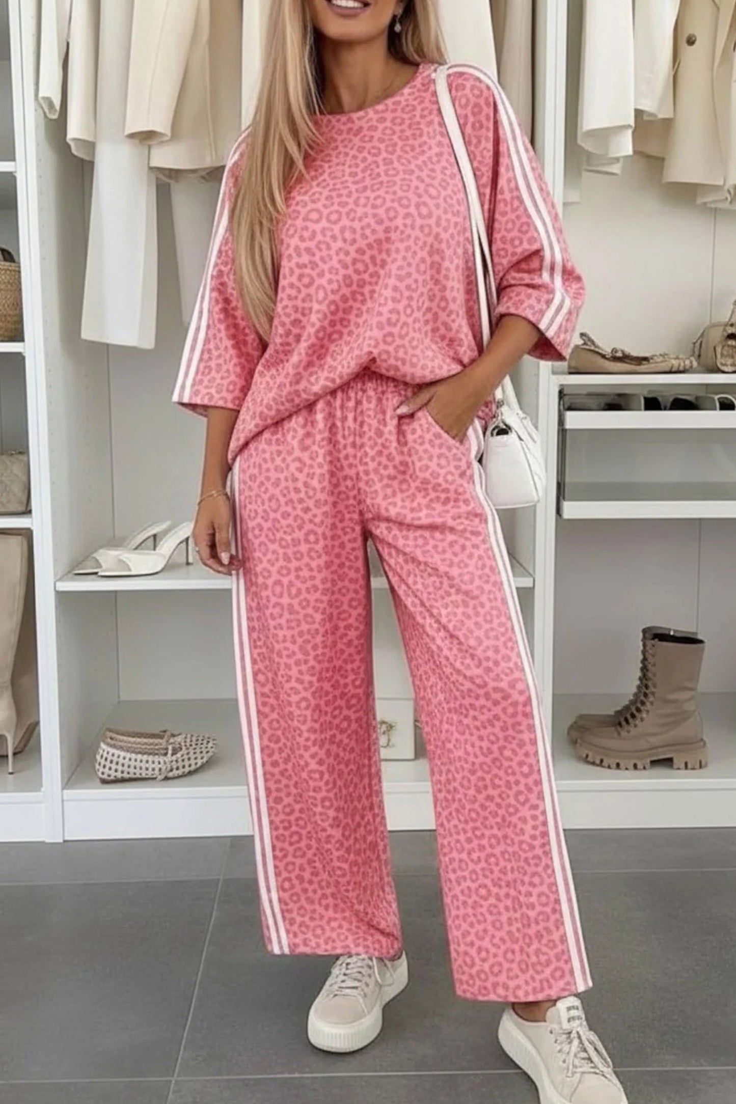 Women's Leopard Print Varsity Two Piece Set S to XL