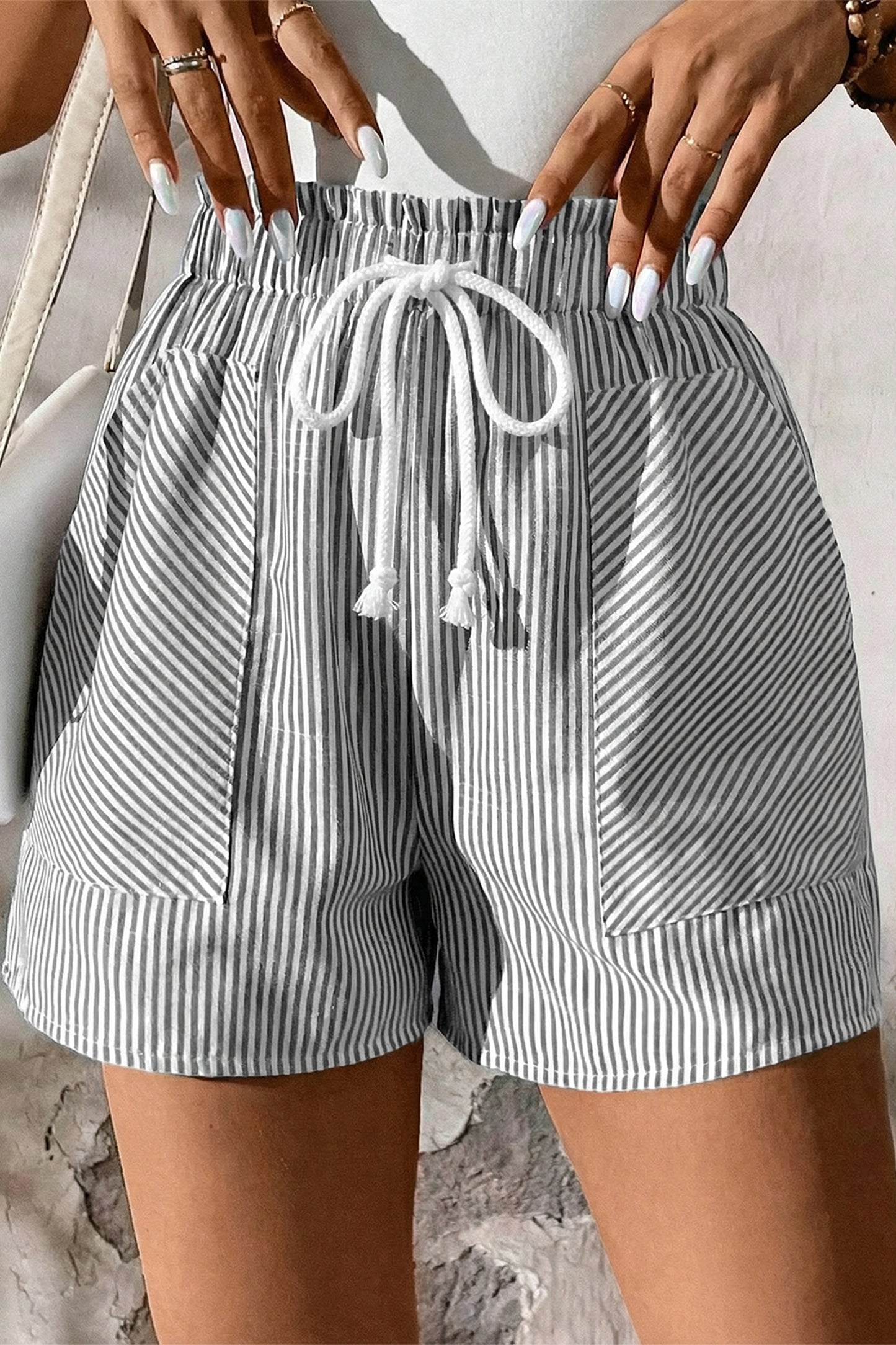 Grey Stripe Lace-Up Elastic Waist Casual Shorts with Pockets | S–XL
