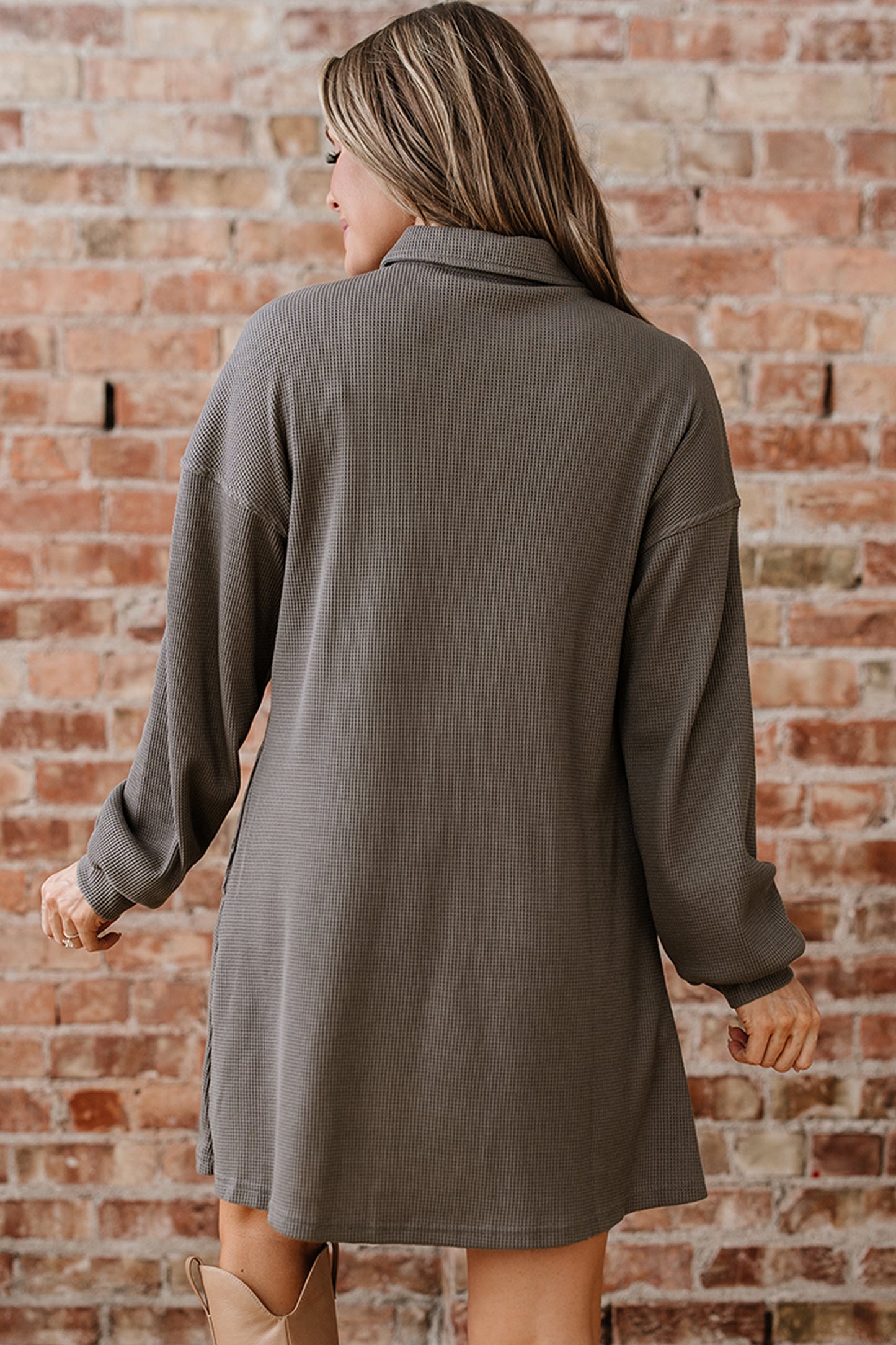 Taupe Waffle Knit Shirt Tunic Dress
