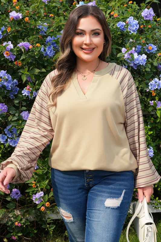 Plus Size Women's Light Khaki Striped Long Sleeve V-Neck Top 1X–4X