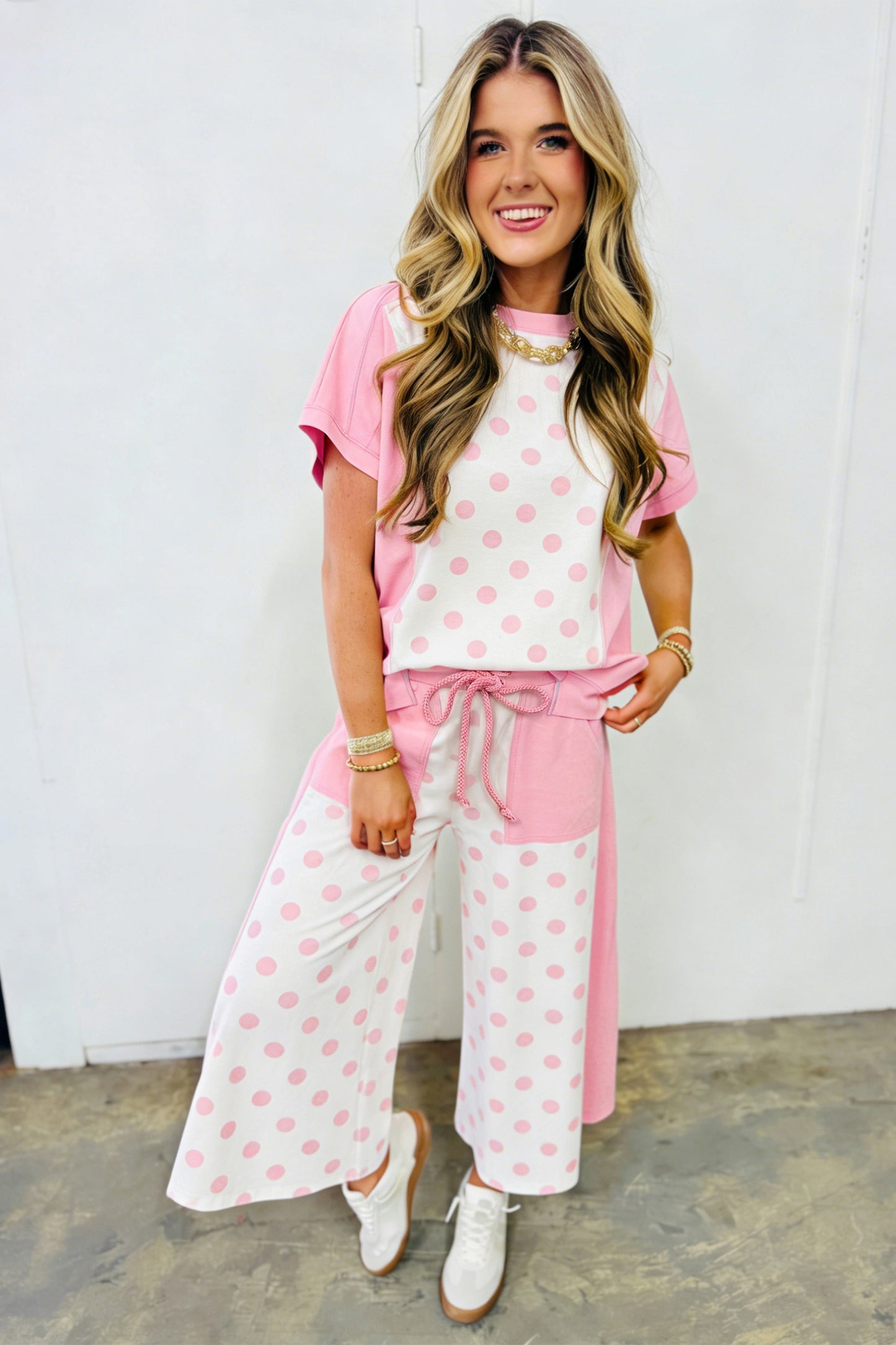 Womens Polka Dot Cropped Wide Leg Pant Set S–XL