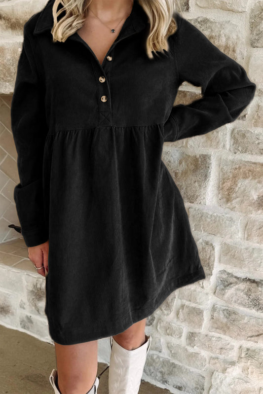 Corduroy Half Button Collared Mini Dress in Black