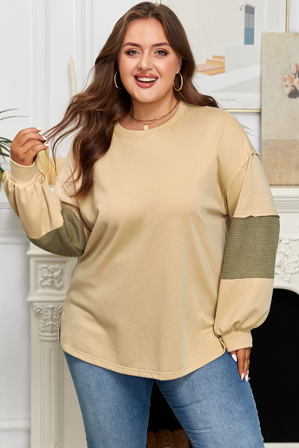 Exposed Seam Drop Shoulder Pullover – Plus Size Beige Olive Stripe 1X–4X