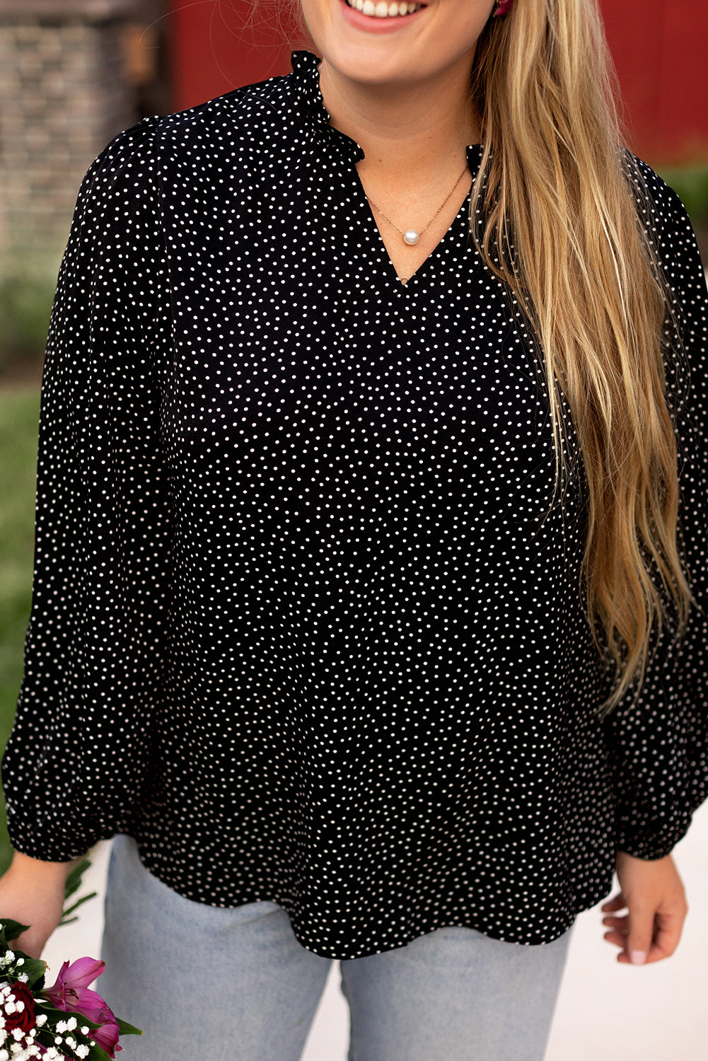Pin Dot Notch V-Neck Puff Sleeve Blouse | Plus Size | Black & White | 1X–4X