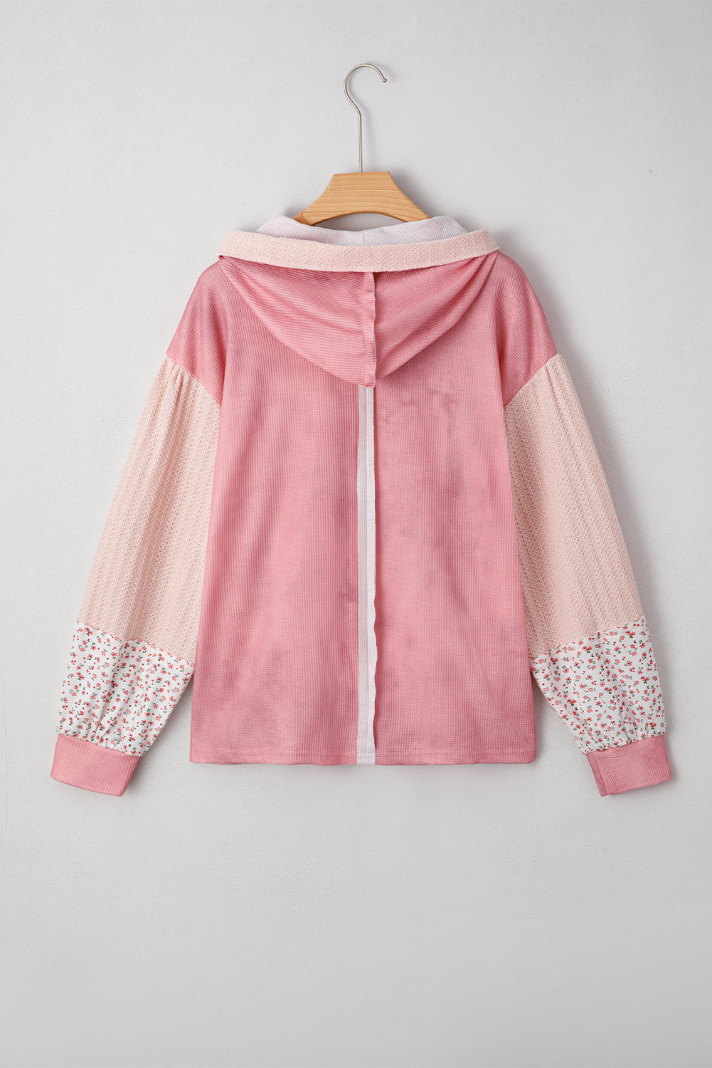 Floral Patch Waffle Texture Colorblock V-Neck Hoodie Top