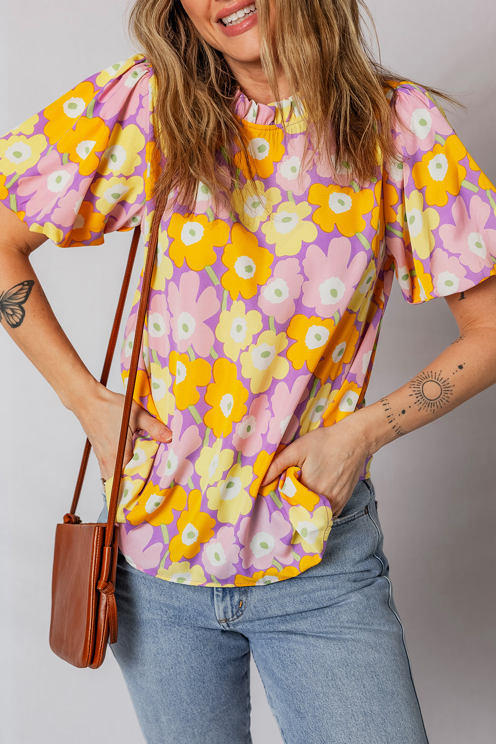 Floral Frilled Neck Puff Sleeve Blouse