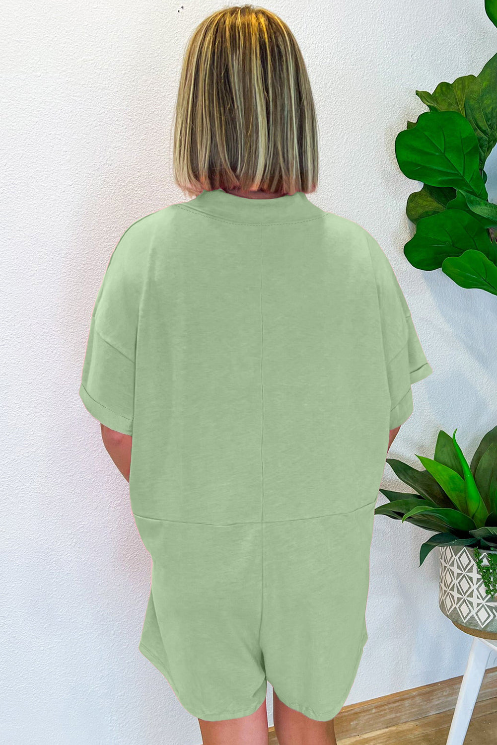 Pastel Green Loose Half Sleeve V Neck Knit Romper