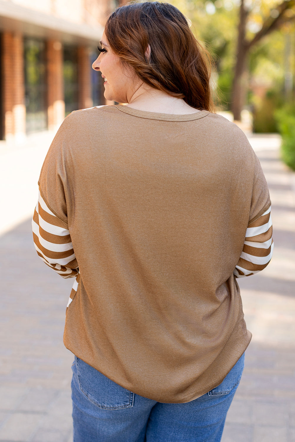 Striped Checkered Mixed Print Chest Pocket Top | Khaki | 1X–4X