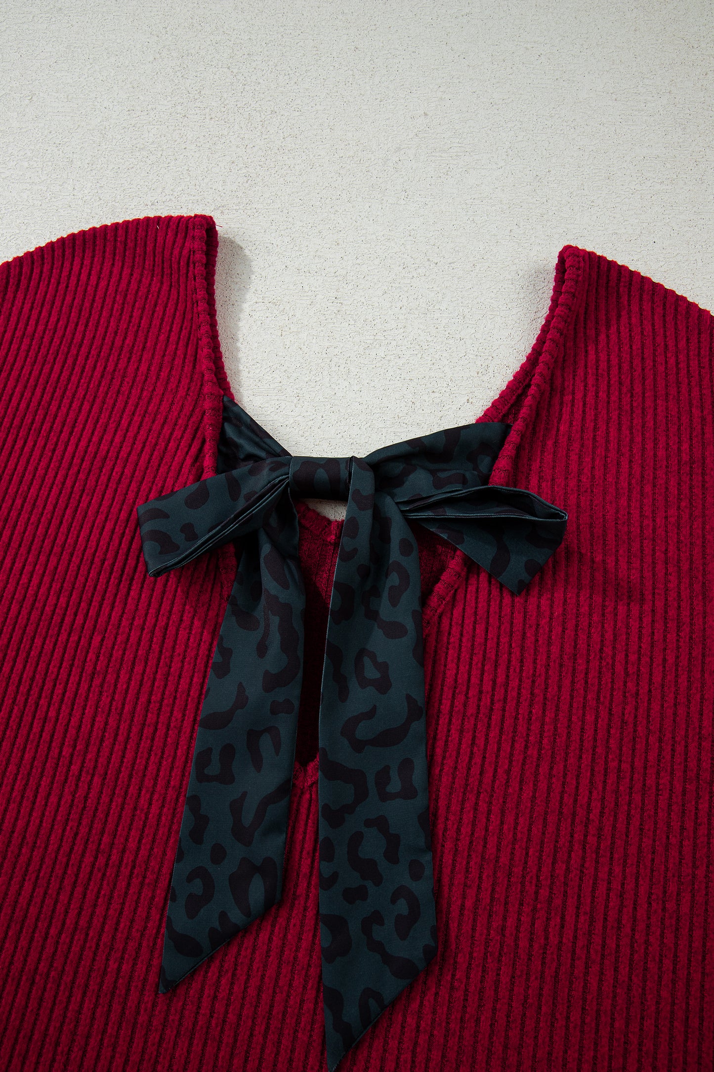 Ribbed V-Neck Bow Back Drop Shoulder Top in Racing Red