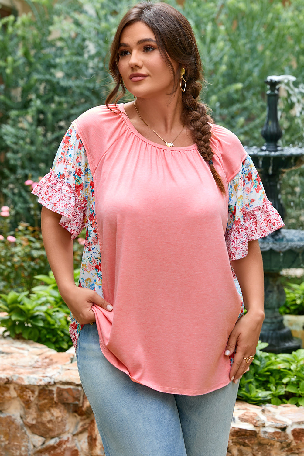 Plus Size Floral Patchwork Ruffled Short Sleeve Blouse