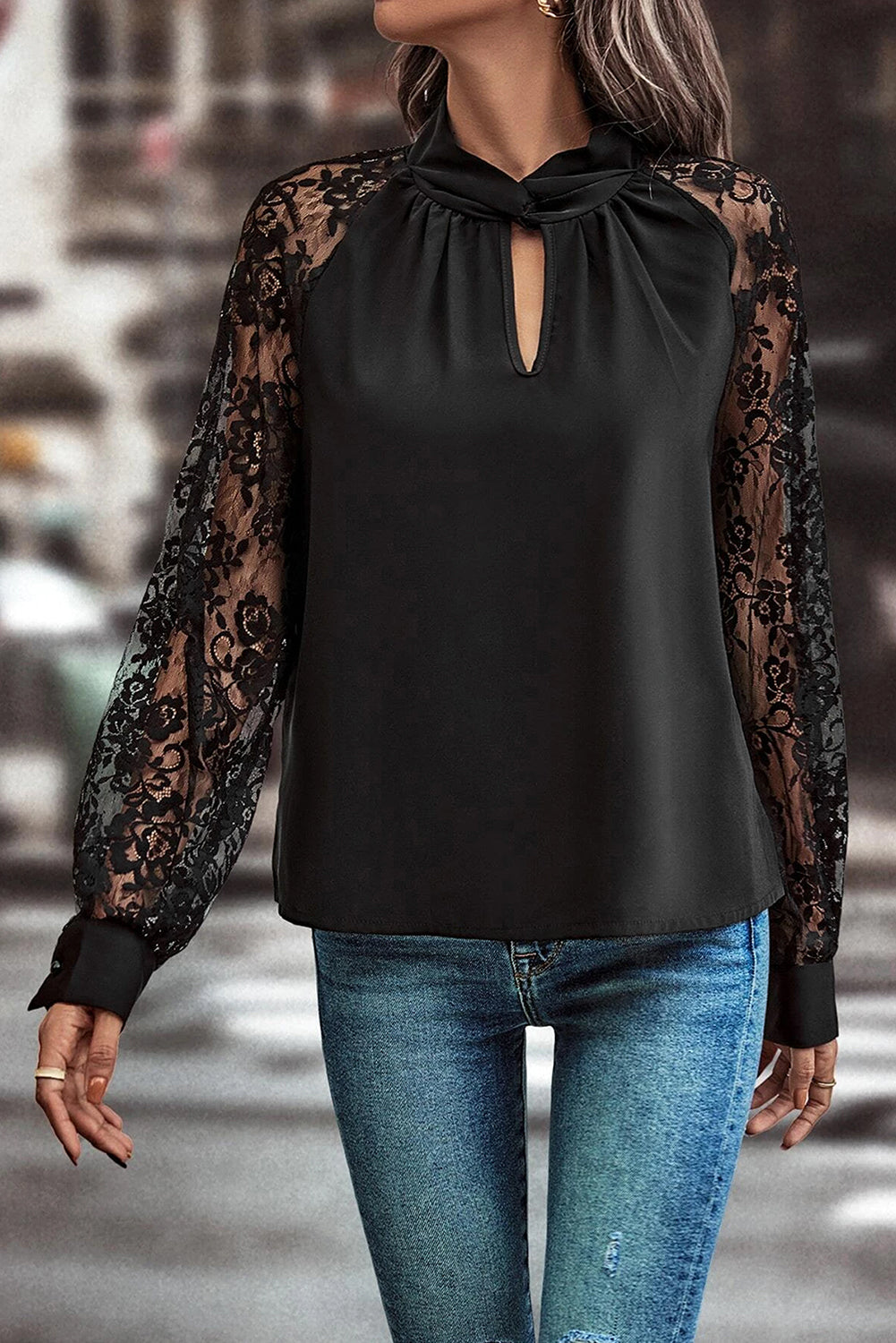 Floral Lace Raglan Sleeve Keyhole Neck Blouse