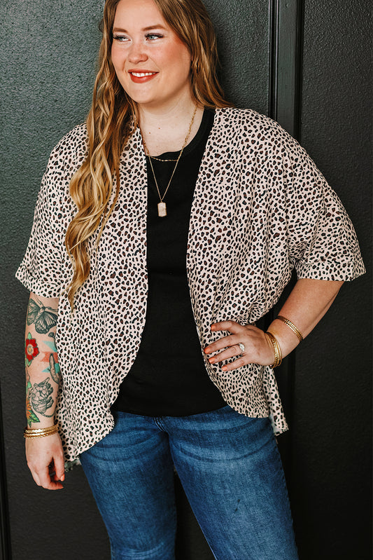 Khaki Leopard Print Open Front Cardigan – Plus Size 1X–3X