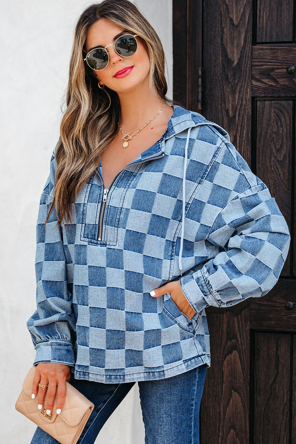 Checkerboard Zip Neck Kangaroo Pocket Denim Hoodie