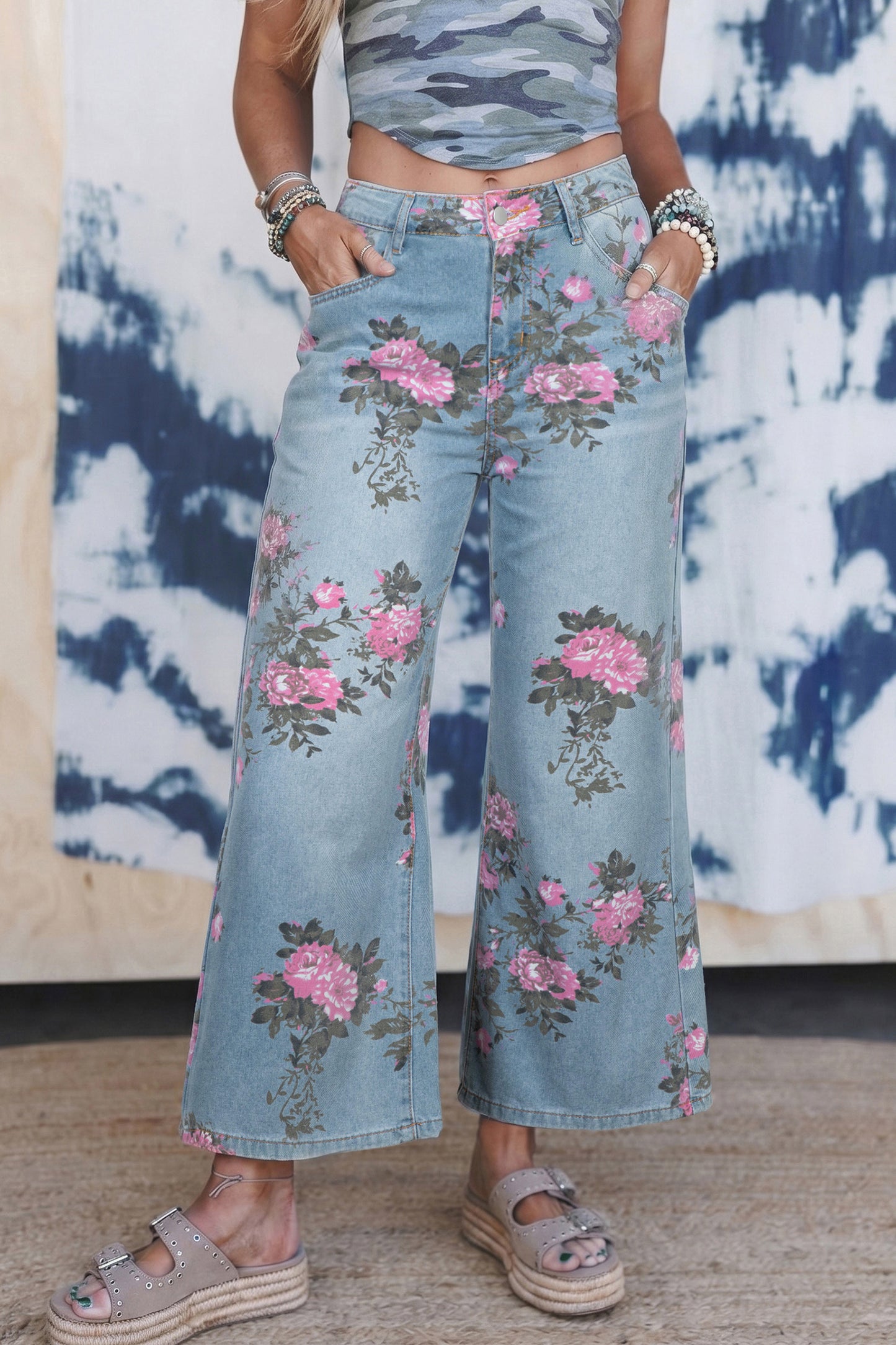 Light Blue Floral Print Cropped Wide Leg Jeans Women Size 4–16