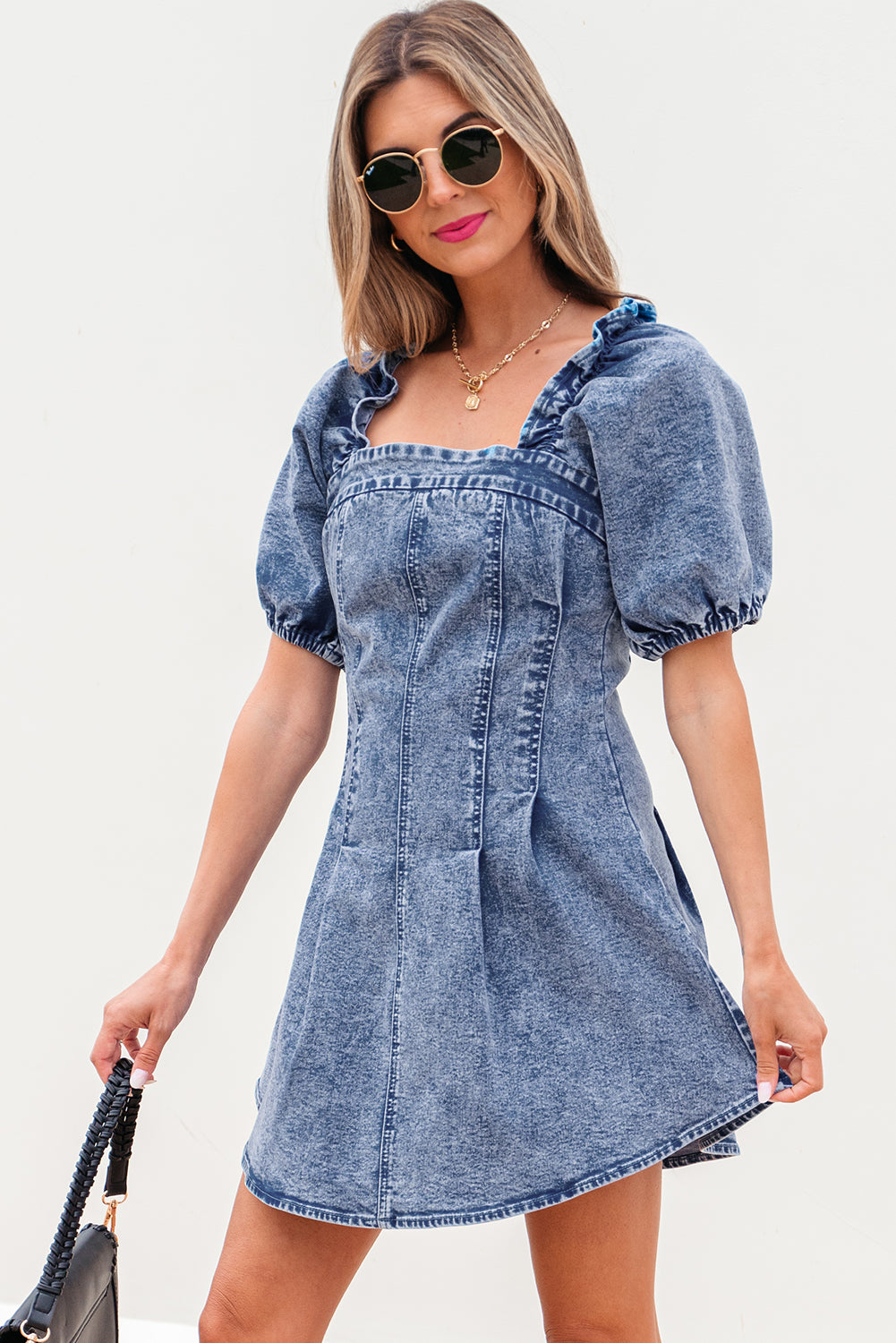 Denim Square Neck Frill Detail Puff Sleeve Mini Dress – Blue Women S–XL