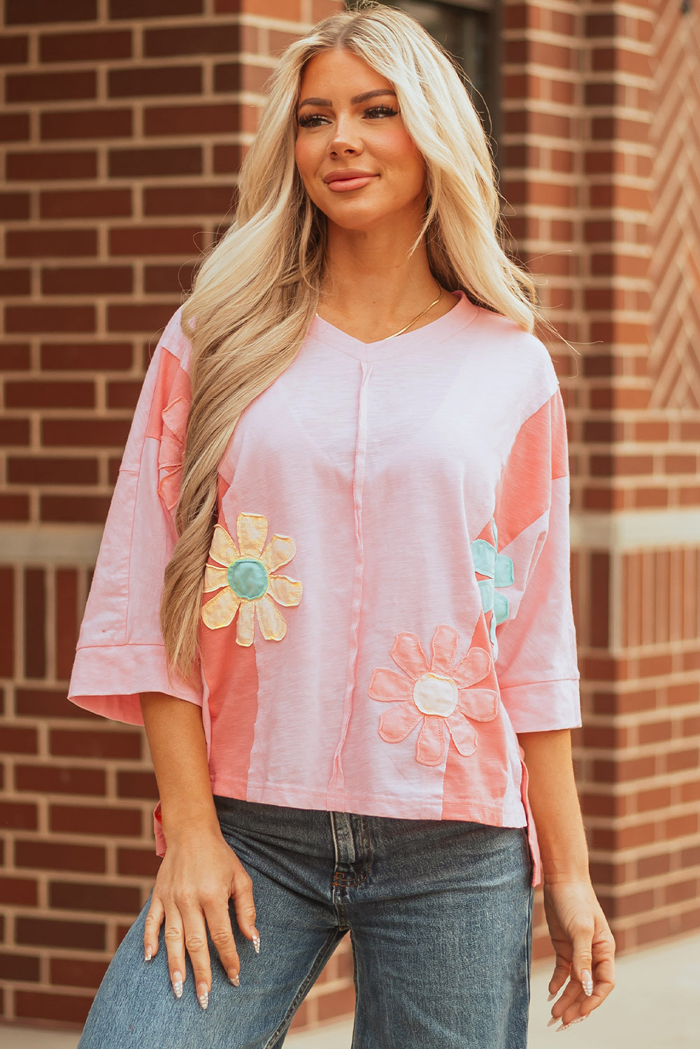 Flower Patched Exposed Seam Bracelet Sleeve Oversized T-Shirt