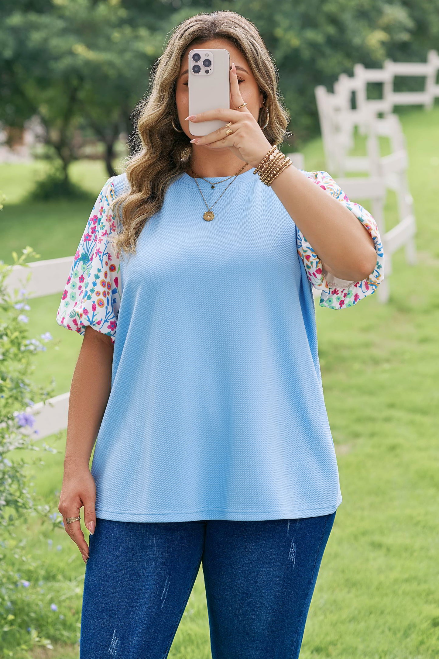 Womens Plus Size Light Blue Floral Sleeve Top 1X–4X