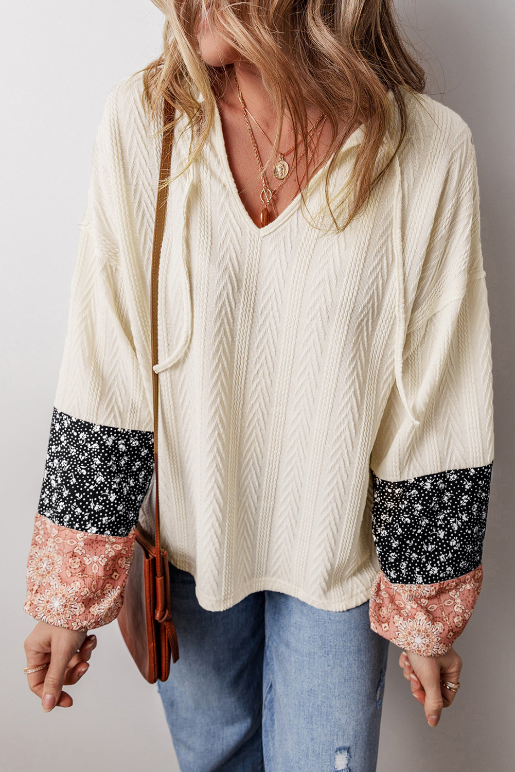 Floral Patchwork Textured Knit Drawstring V-Neck Blouse