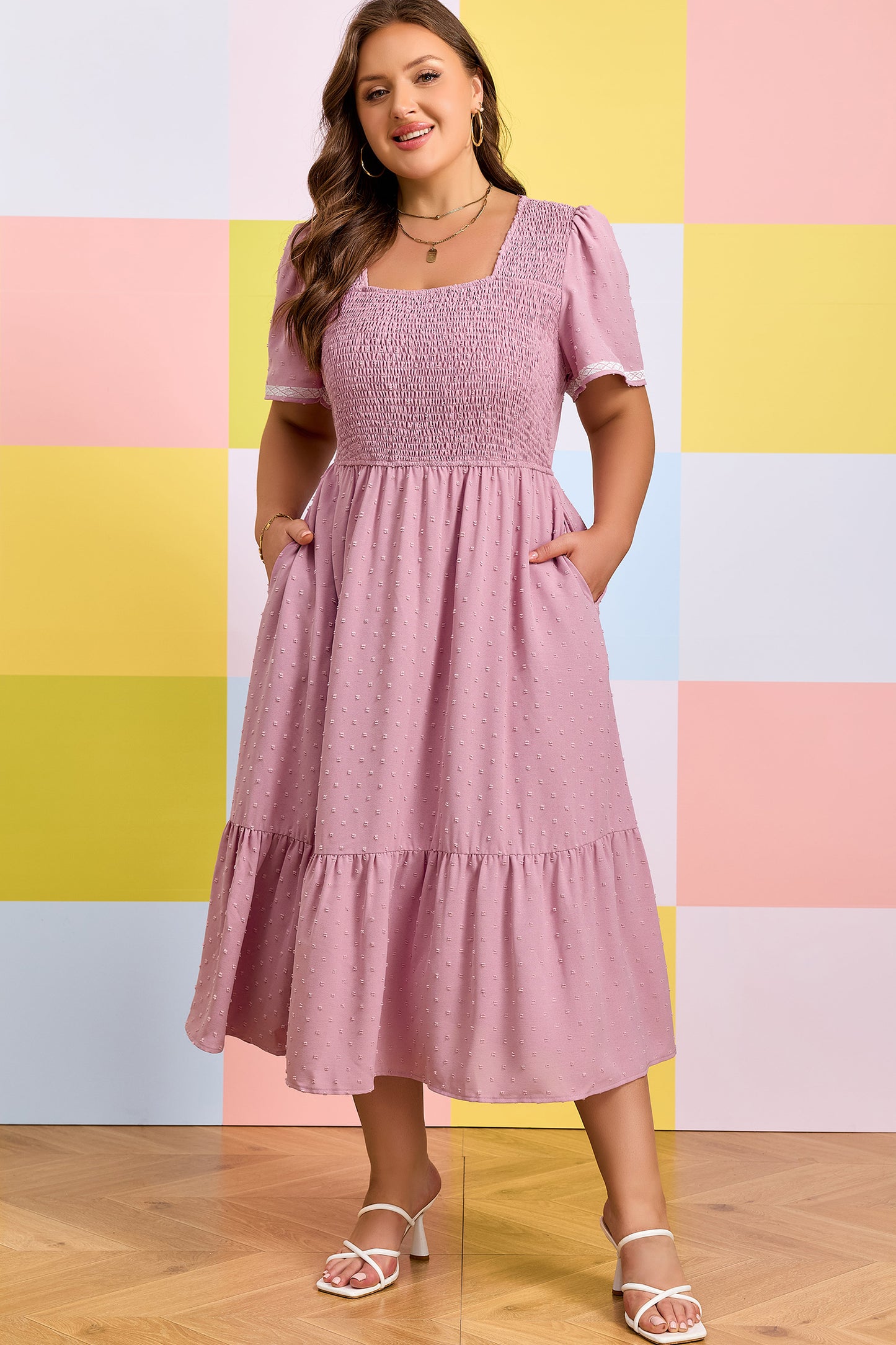 Plus Size Swiss Dot Smocked High Waist Flowy Midi Dress Pink 1X–4X