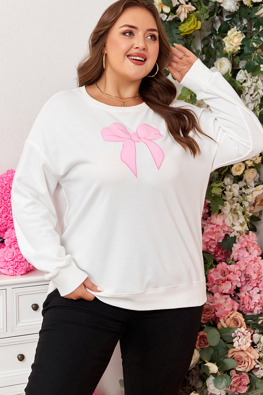 Bow Accent Drop Shoulder Sweatshirt – White Plus Size 1X–4X