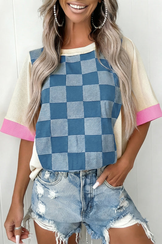Dusk Blue Checkered Denim Patchwork Short Sleeve Loose Top | S–XL
