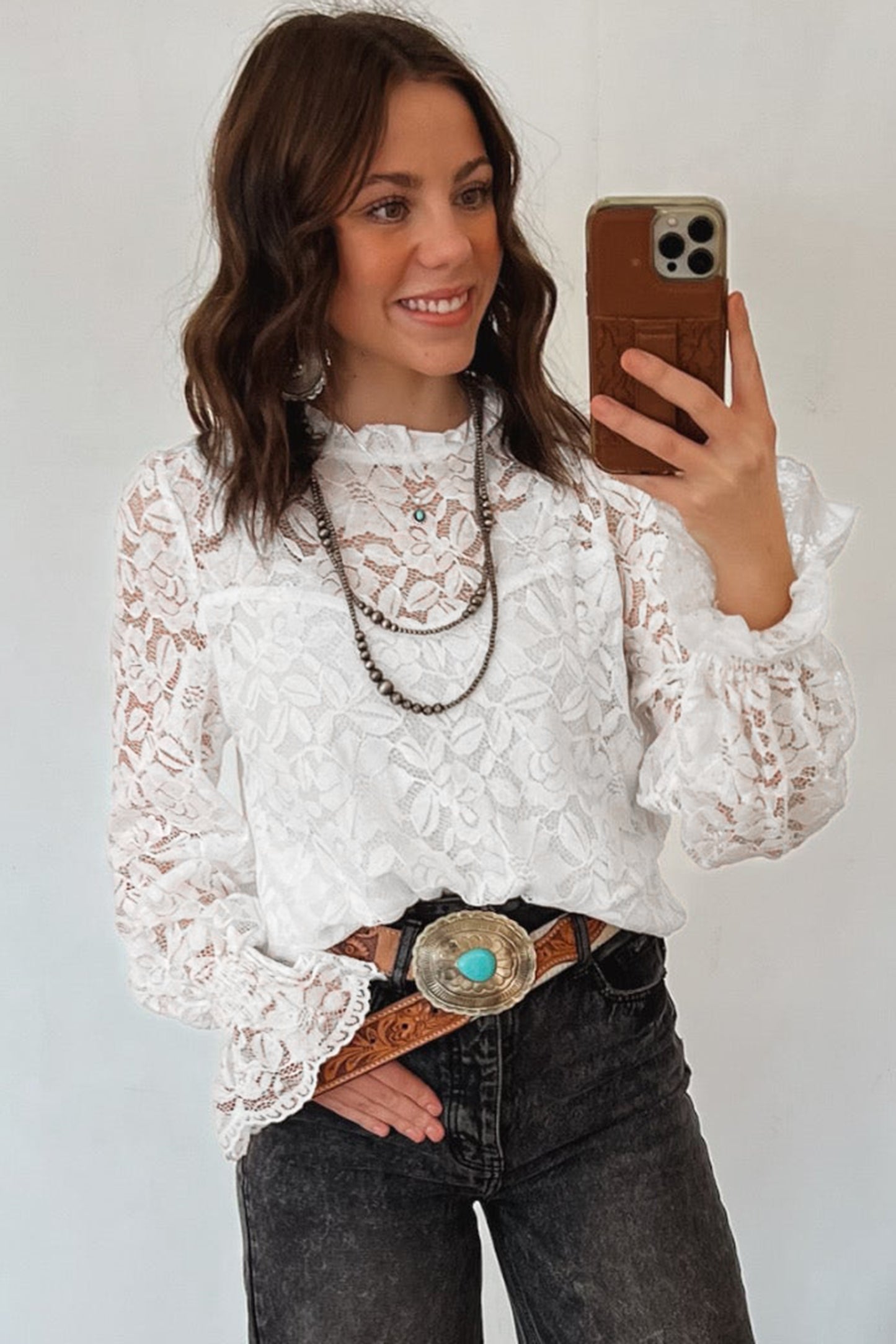 White Sheer Lace Ruffle Sleeve Blouse Women S–XL