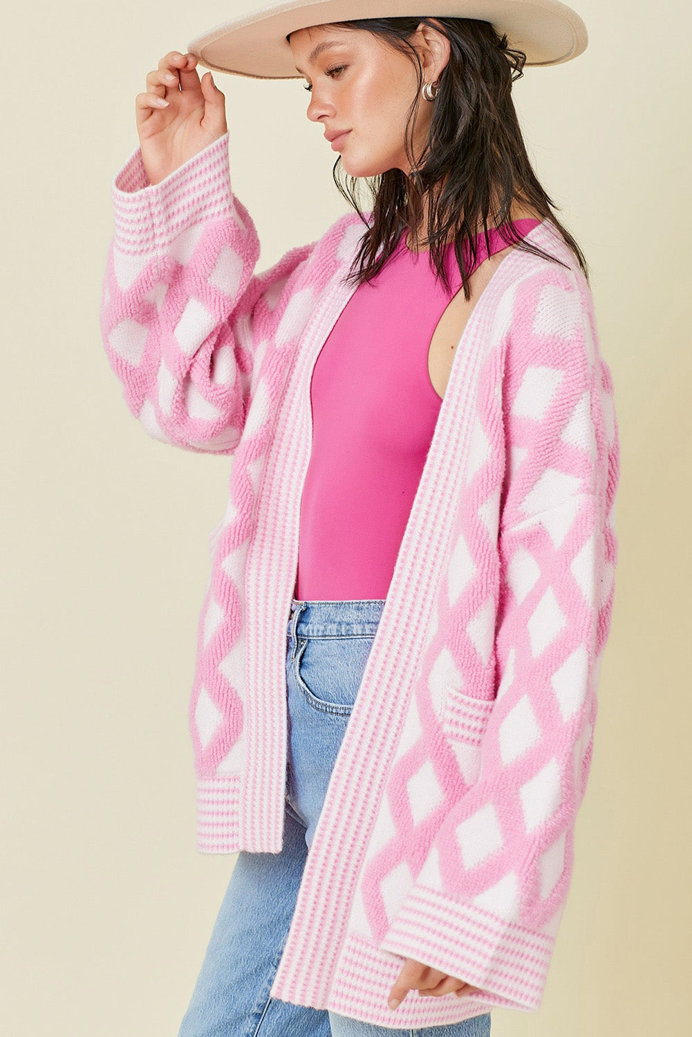 Pink Rhombus Pattern Knit Open Front Pocketed Cardigan