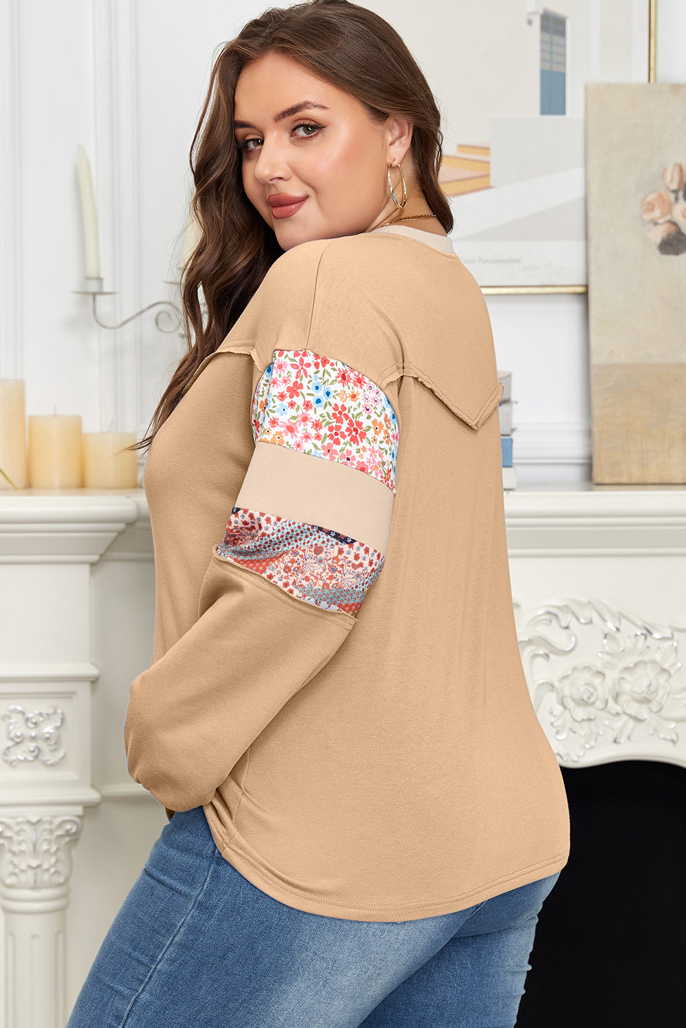 Floral Patchwork Exposed Seam Relaxed Sweatshirt | Plus Size | Khaki | 1X–4X