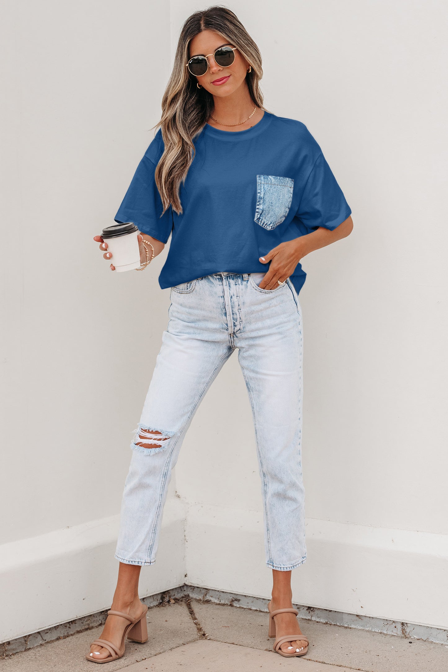 Color Block Short-Sleeve Top with Printed Patch Pocket | Sail Blue & White