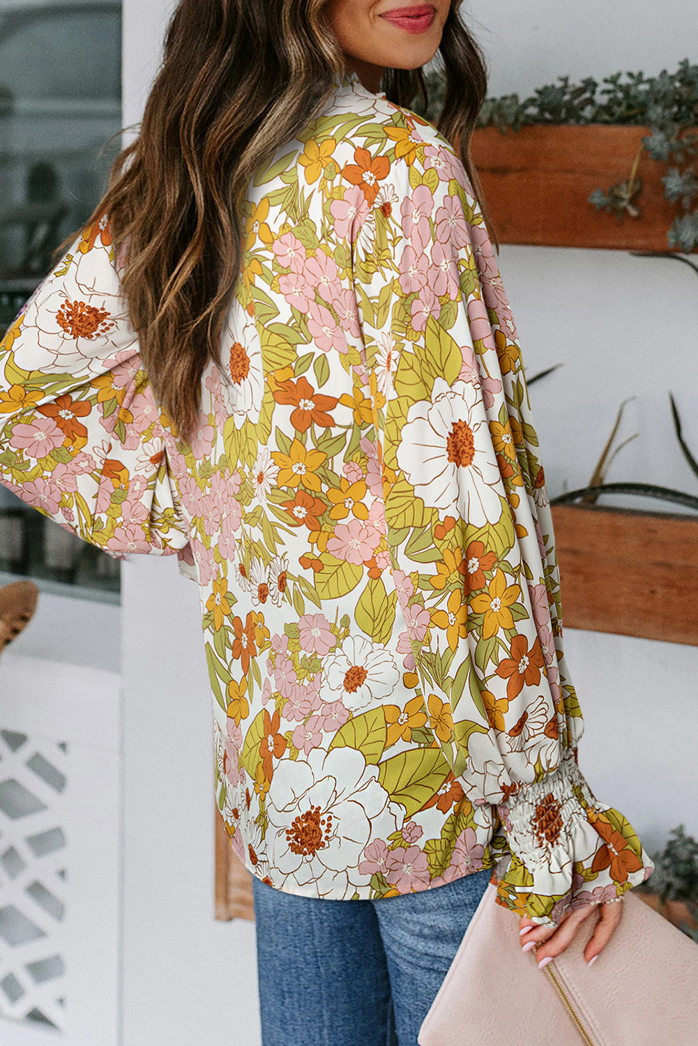 Floral Smocked Sleeve Ruffle Neck Blouse.  S-2x