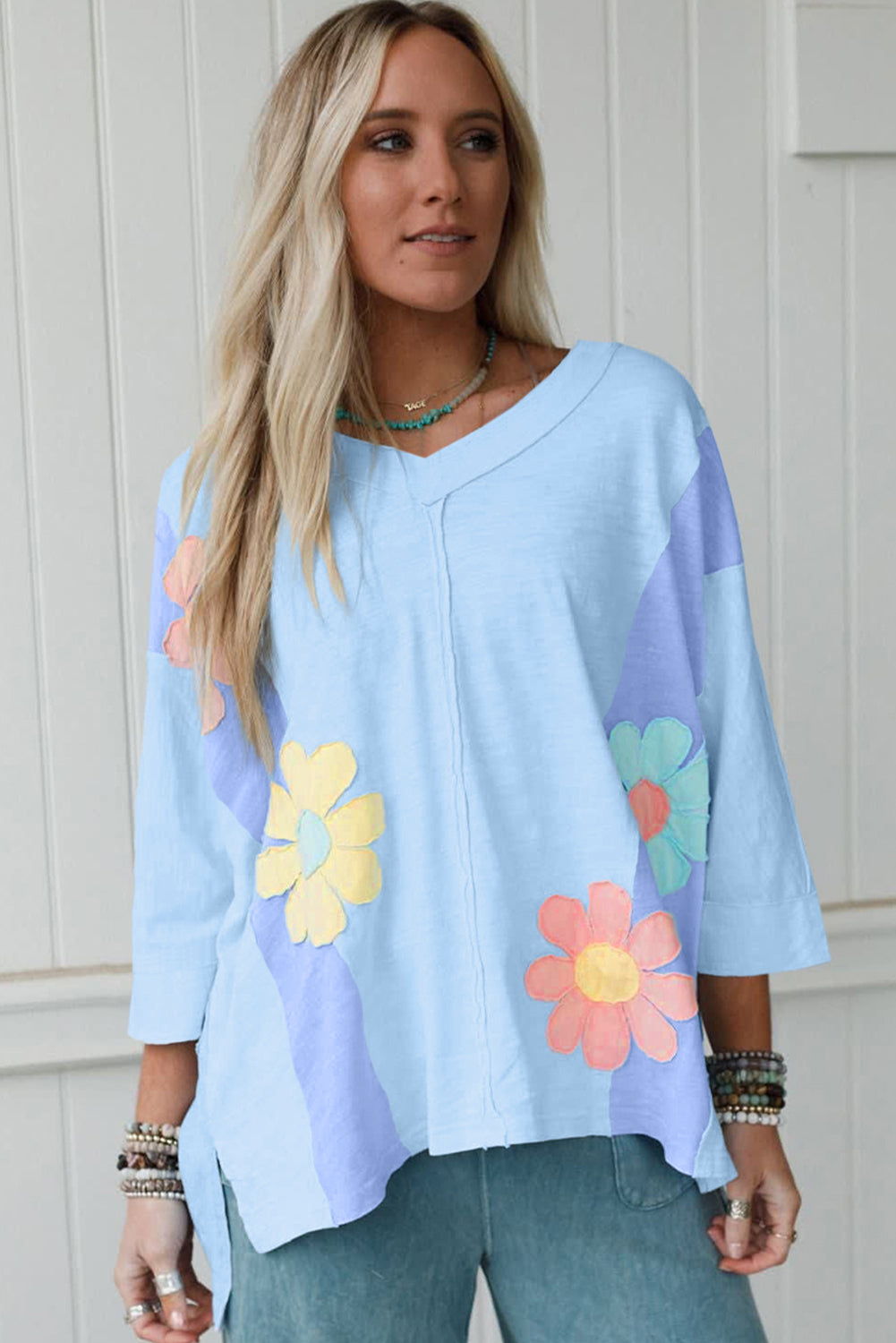 Flower Patched Exposed Seam Bracelet Sleeve Oversized T-Shirt