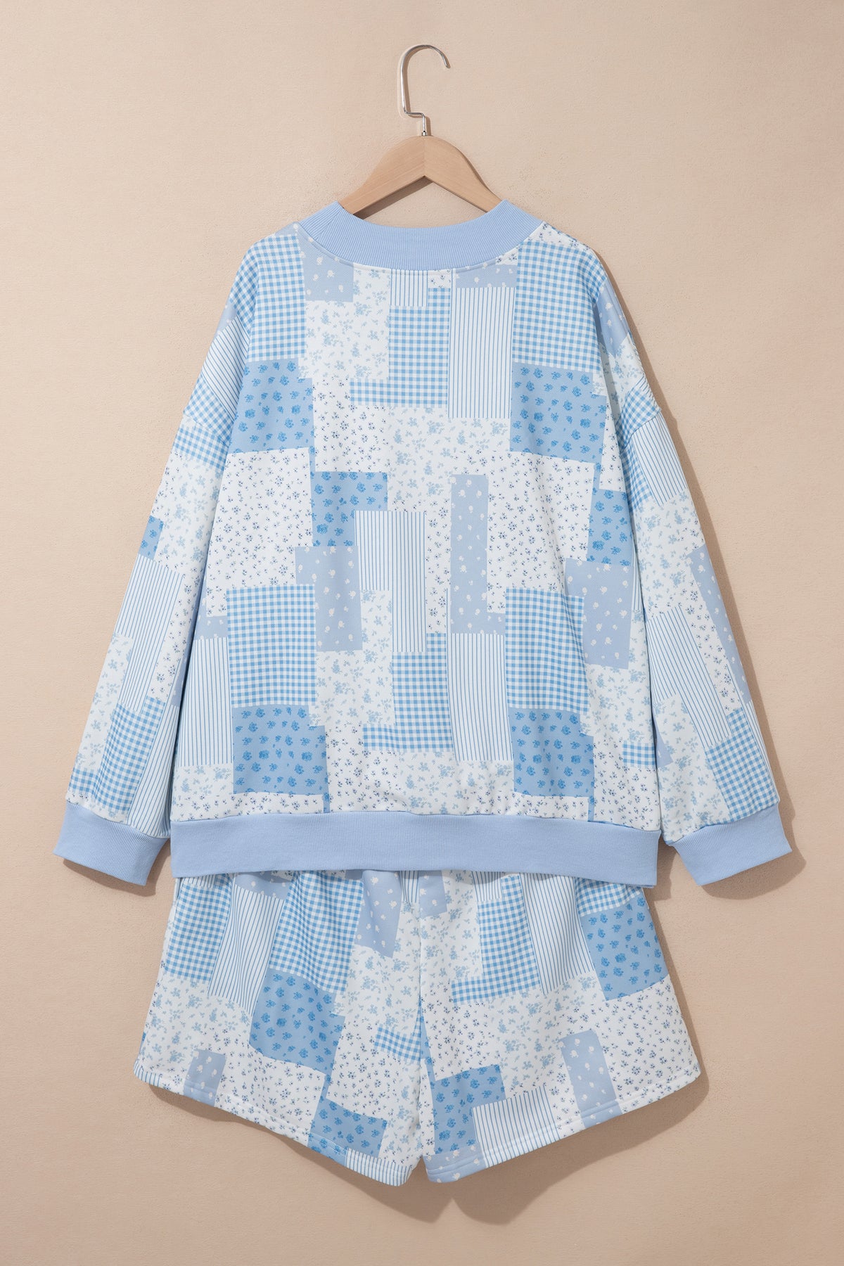 Womens Plus Size Light Blue Floral Patchwork Top and Shorts Set 1X to 4X