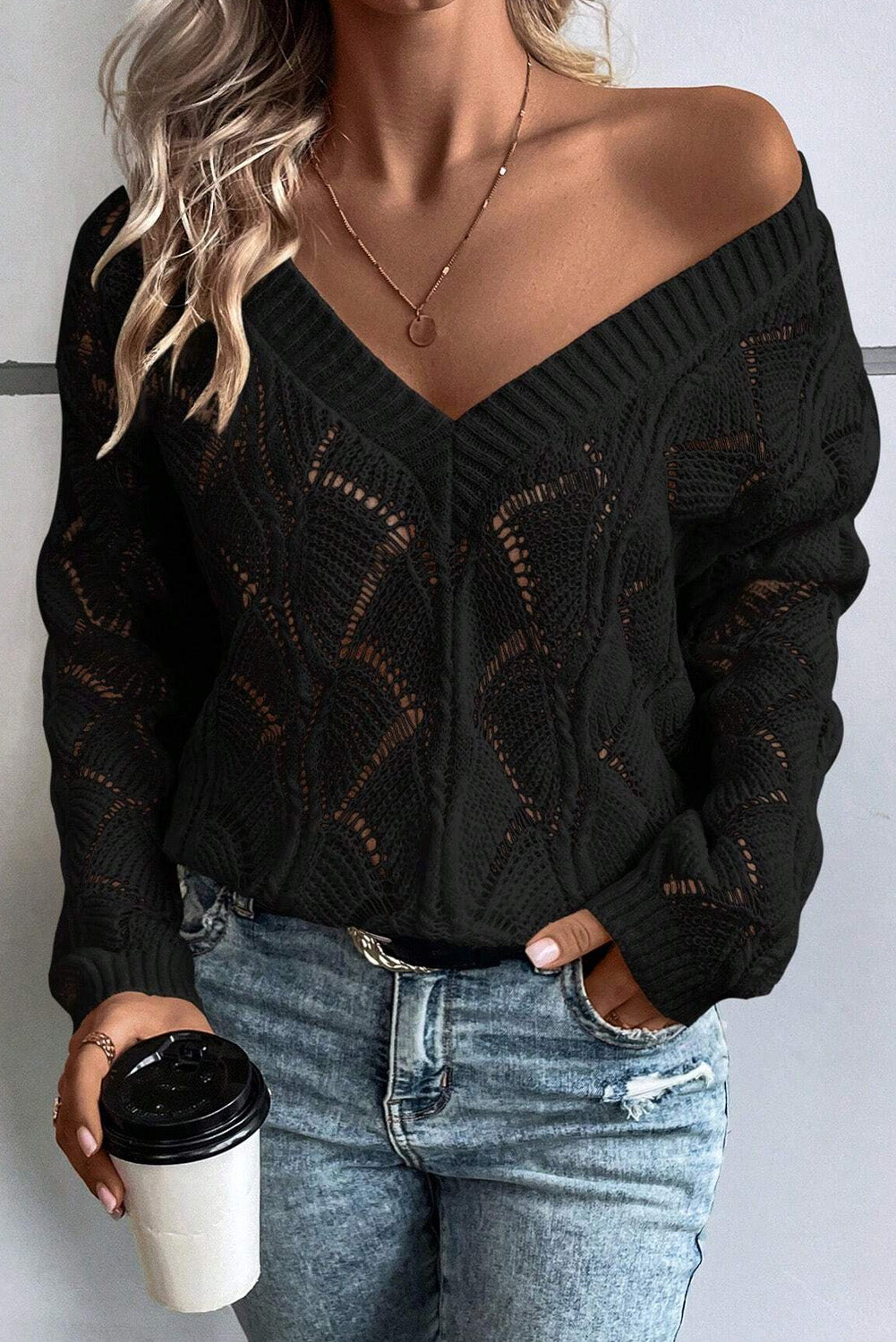 Hollow-Out Knit V-Neck Drop Shoulder Sweater | Black