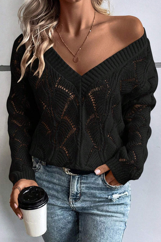 Hollow-Out Knit V-Neck Drop Shoulder Sweater | Black