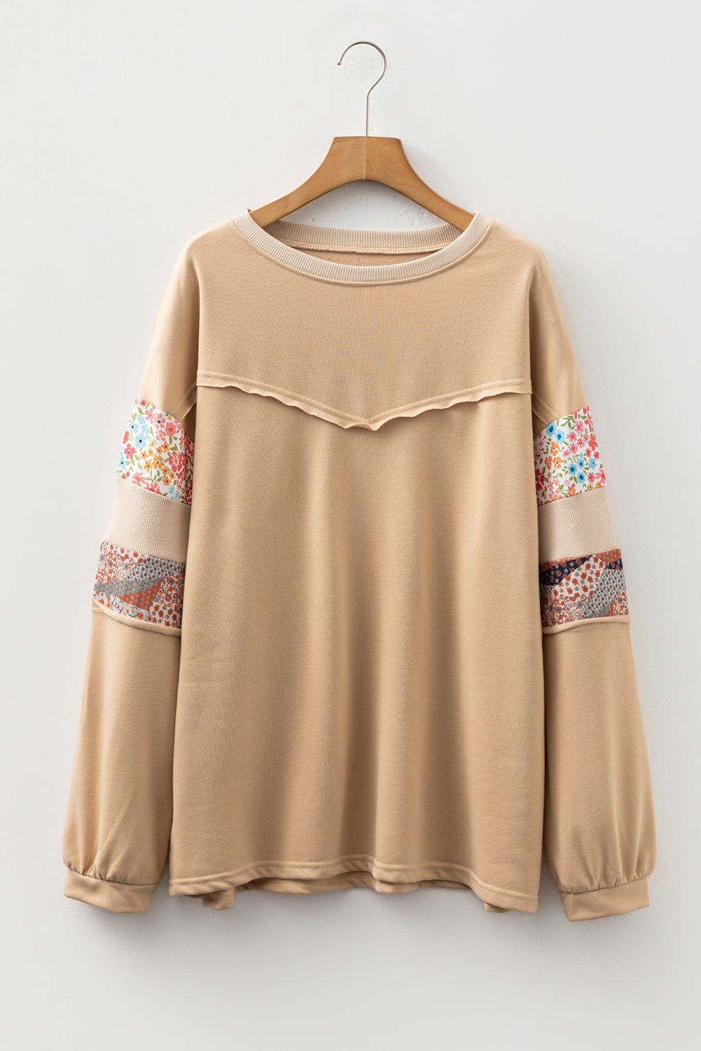 Floral Patchwork Exposed Seam Relaxed Sweatshirt | Plus Size | Khaki | 1X–4X