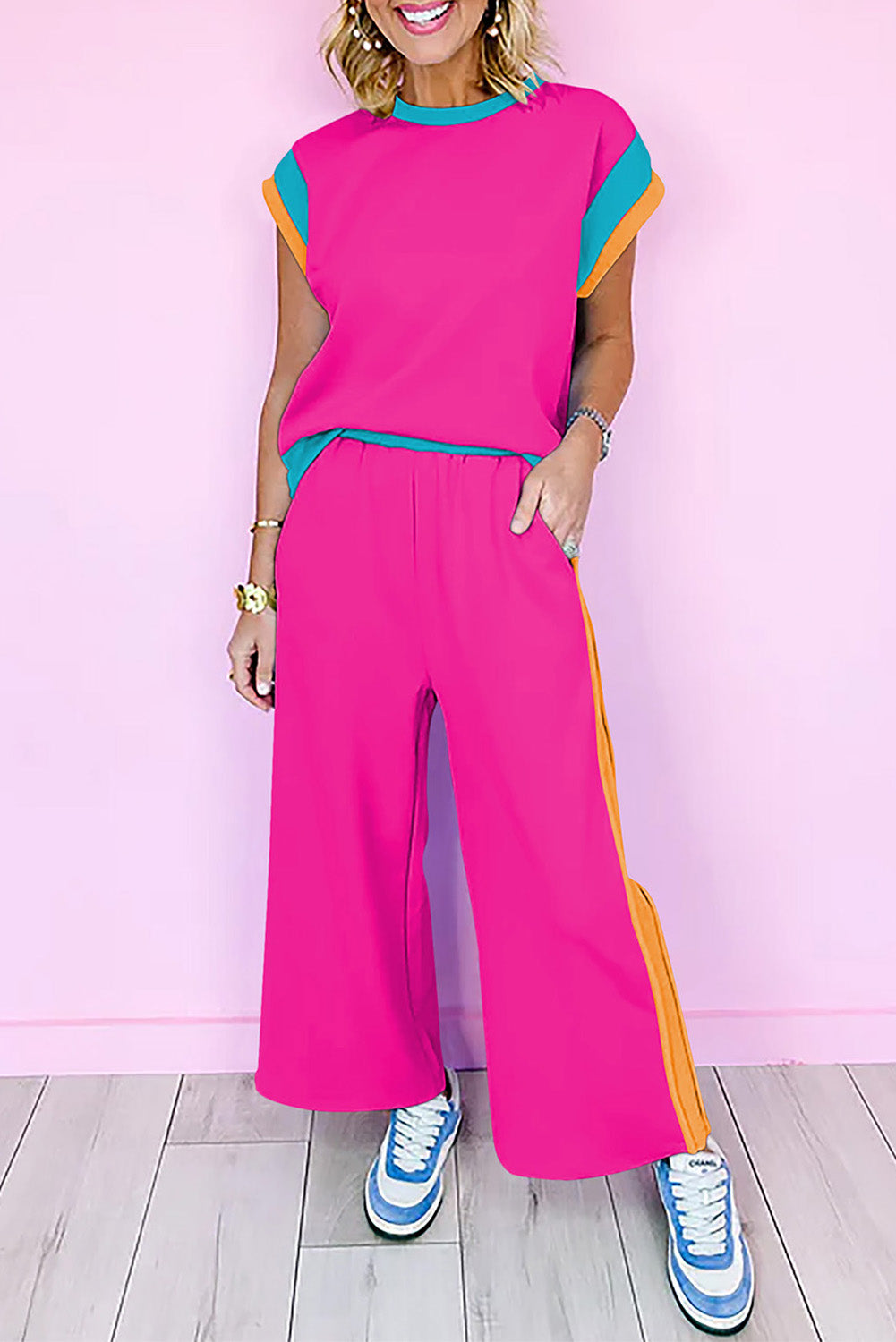 Color Block Crew Neck Cap Sleeve Top & Ankle Wide Leg Pants Set | S–2XL | 7 Colours