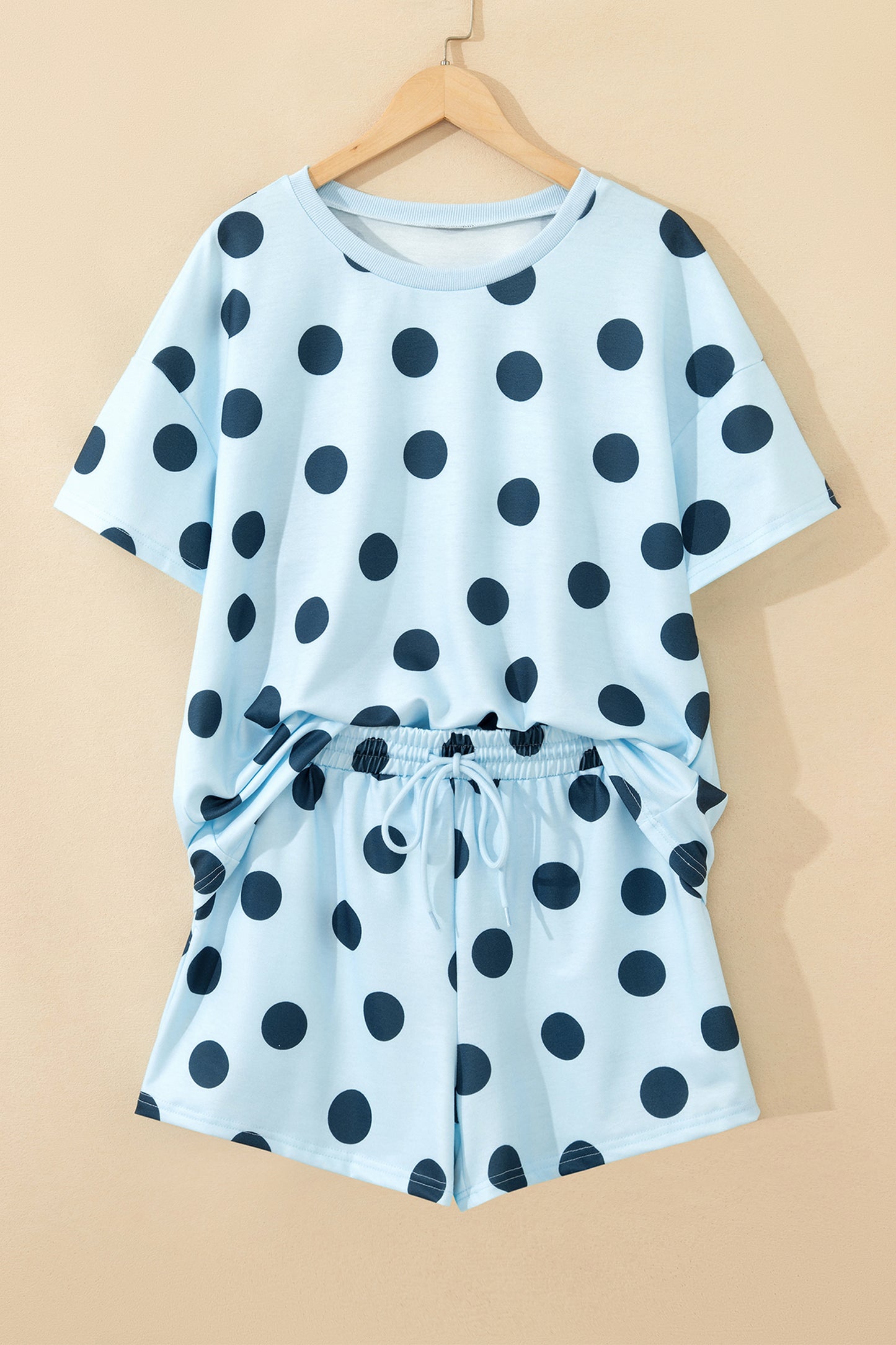 Polka Dot Drop Shoulder Tee & Drawstring Shorts Set