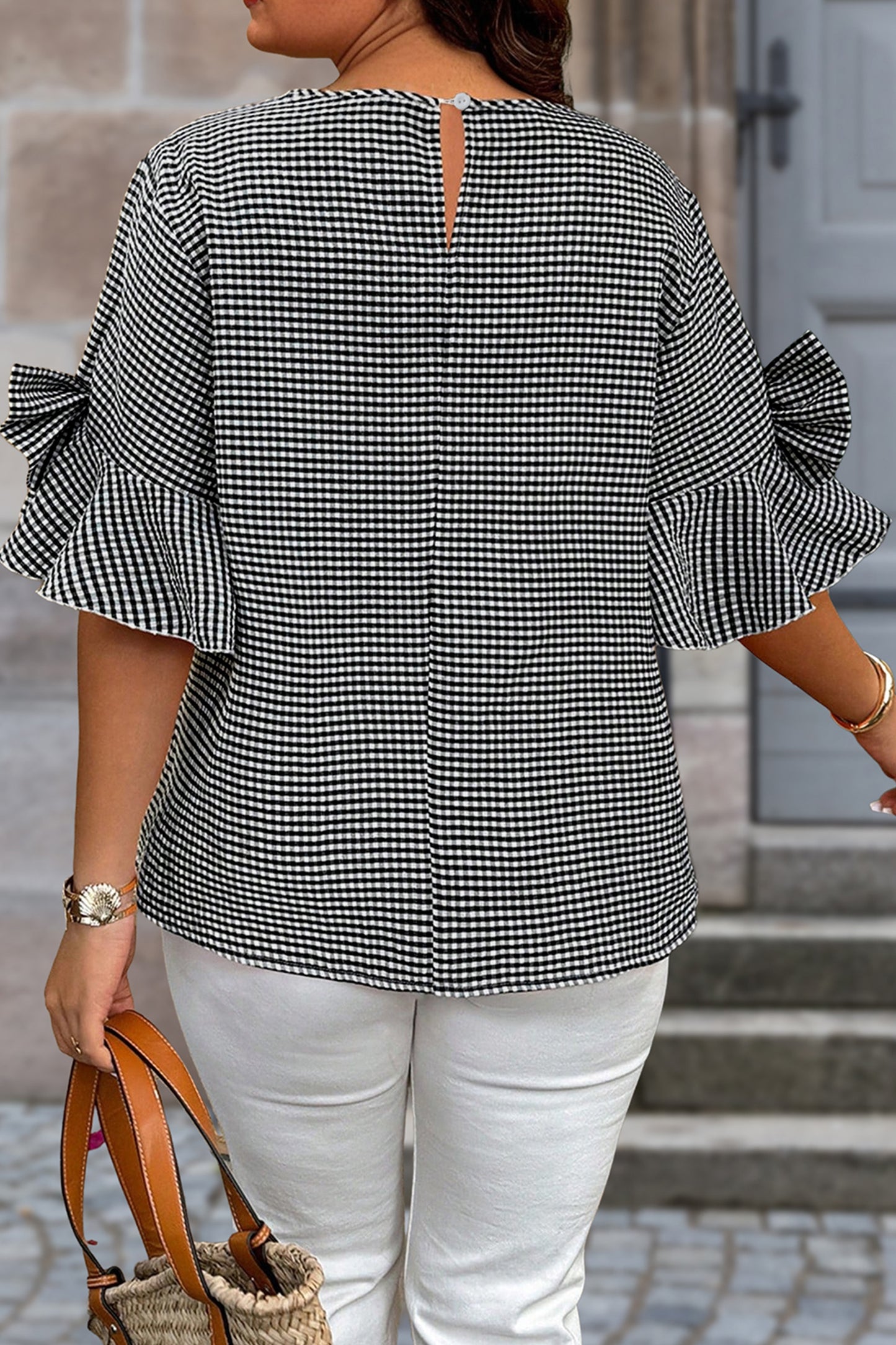 Plaid Bow Detail Bell Sleeve Blouse | Plus Size | Black | 1X–4X