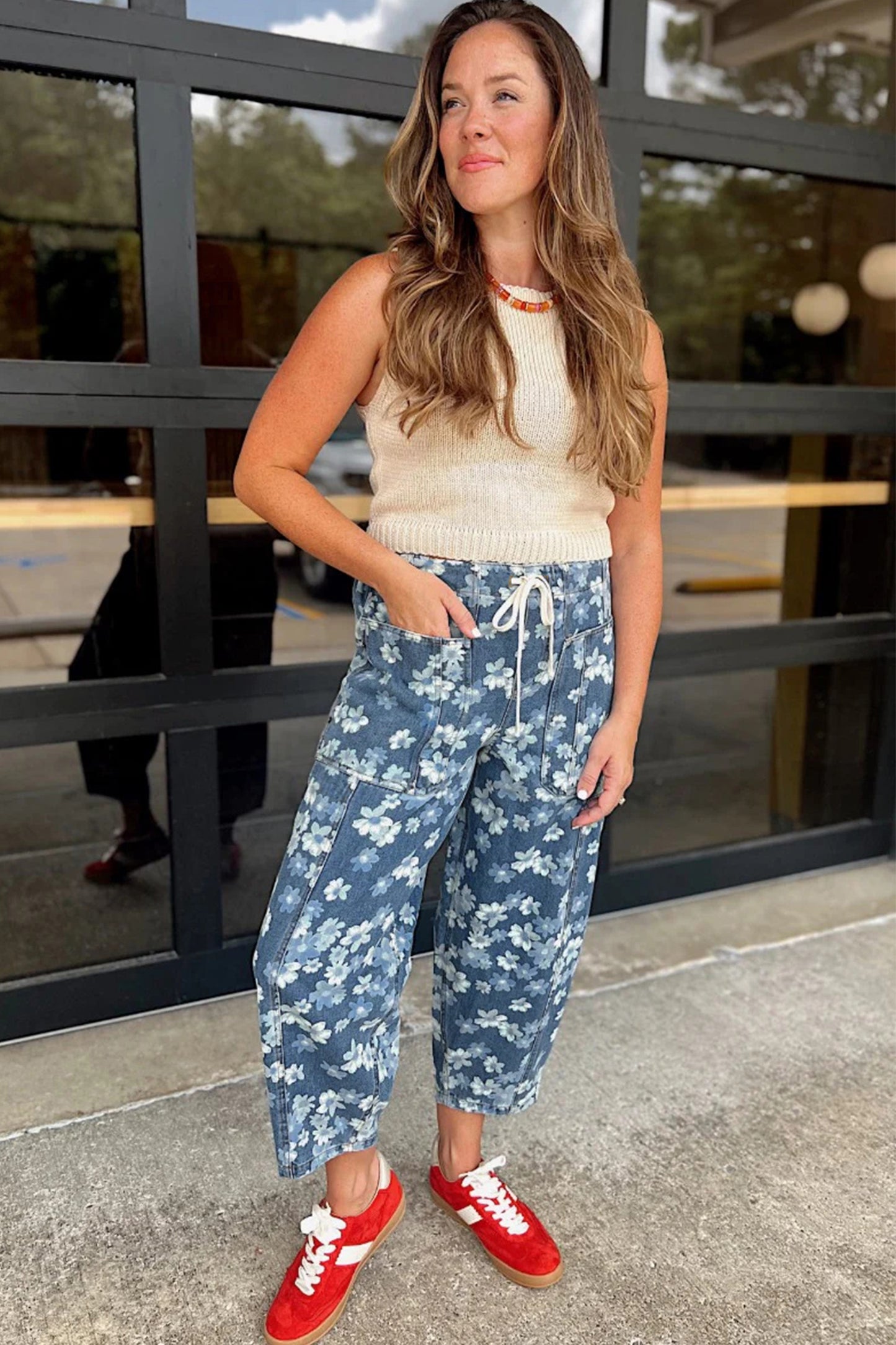 Denim Blue Floral Print Cropped Barrel Jeans | Women Size 4–16