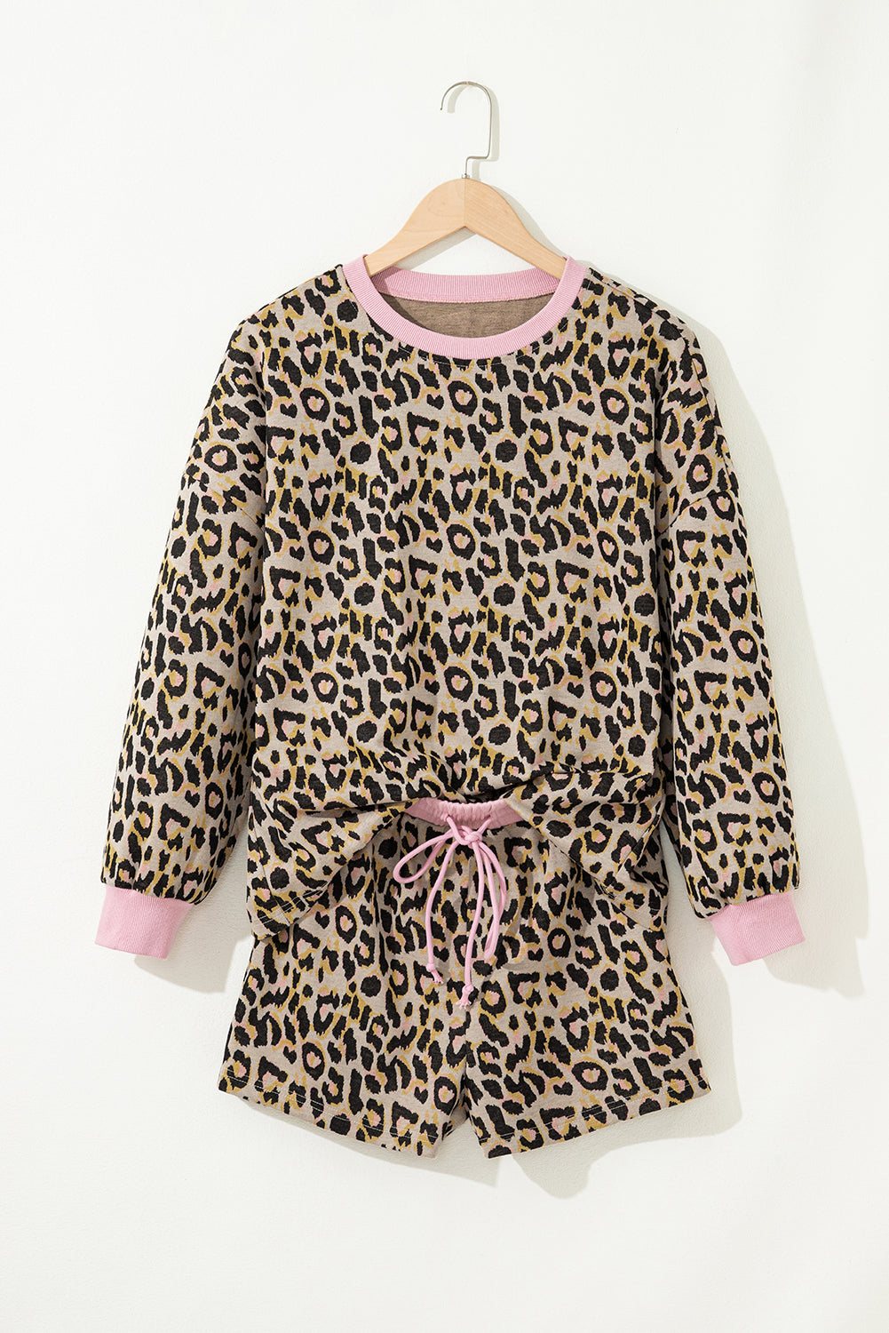 Leopard Print Contrast-Trim Long-Sleeve Pullover & Shorts Set | Pink