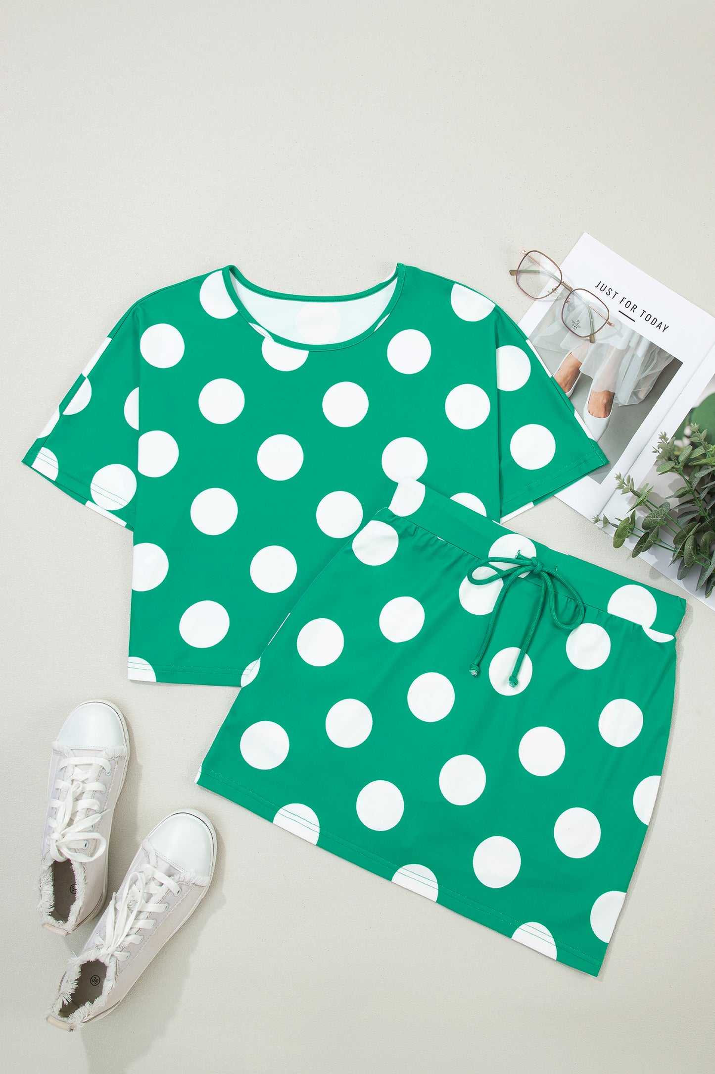 Green Polka Dot Crop Top and Bodycon Skort Set Women S–XL
