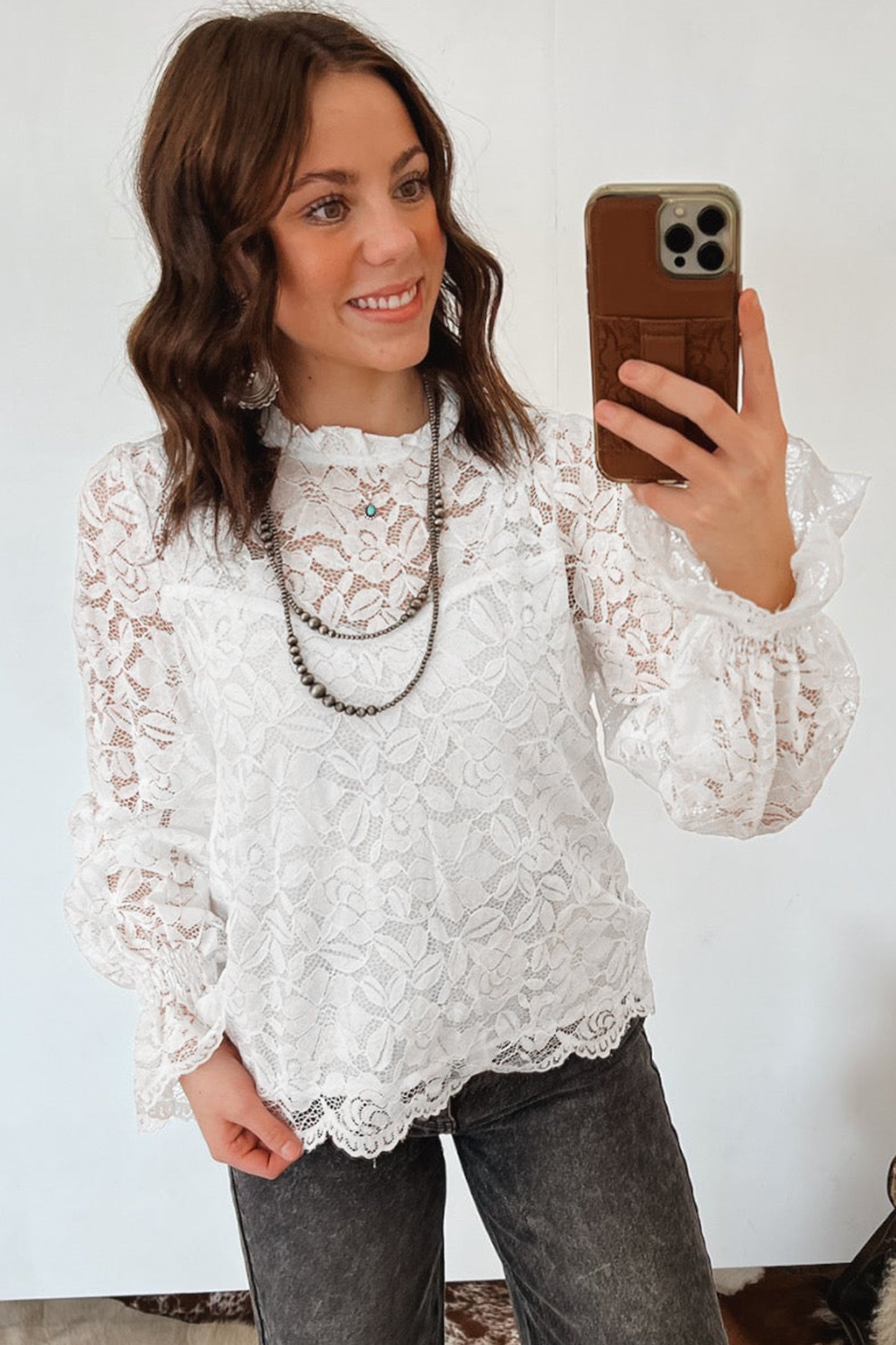 White Sheer Lace Ruffle Sleeve Blouse Women S–XL