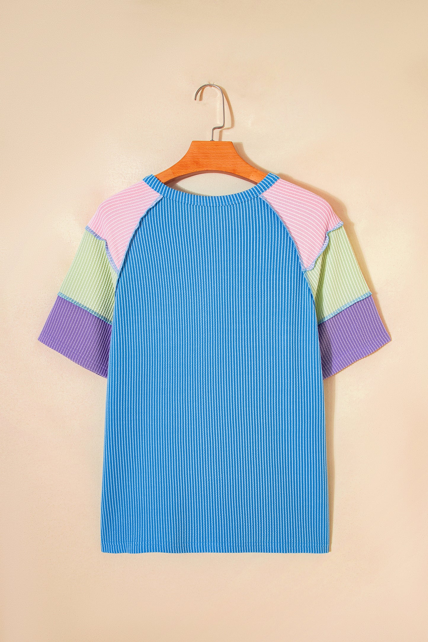 Twisted Ribbed Colorblock Patchwork Henley Short Sleeve Tee