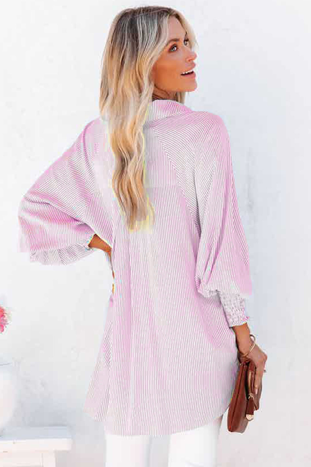 Smocked Cuff Striped Boyfriend Shirt.  S-2x